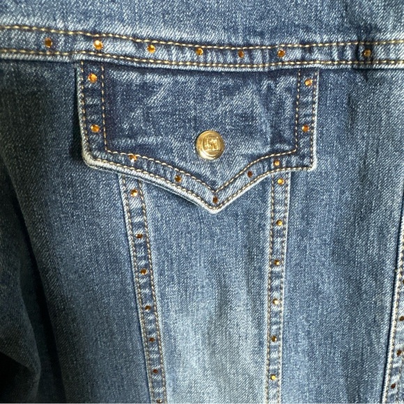 Vintage St John Sport Small Denim Rhinestones Bead Gold Monogram Buttons Jacket - Picture 7 of 16